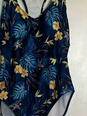 Nicole Miller Dark Navy One-Piece with Tropical Leaves/Yellow Flowers. Size L.